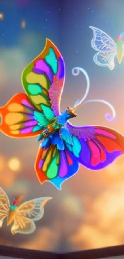 Colorful fantasy butterflies in vibrant sky wallpaper.