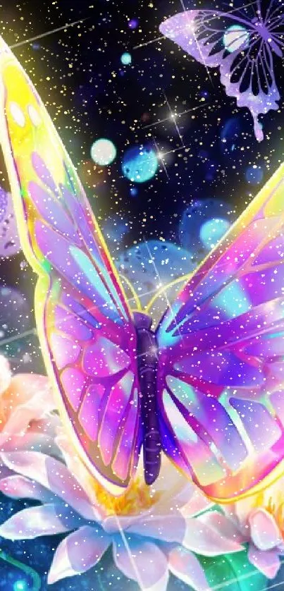 Colorful fantasy butterfly art with flowers under a starry sky.