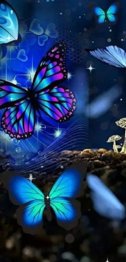 Vibrant blue butterflies in a mystical, illuminated night scenery.