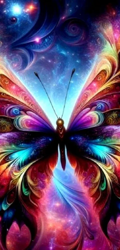 Vibrant, colorful butterfly in cosmic fantasy art.