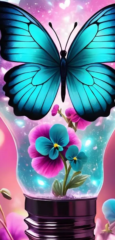 A vibrant butterfly inside a light bulb with floral art.
