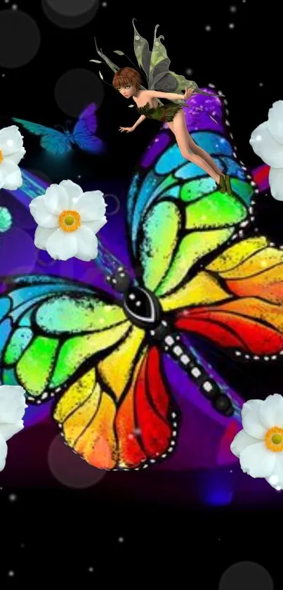 Colorful butterfly with flowers and fairy on a black background.