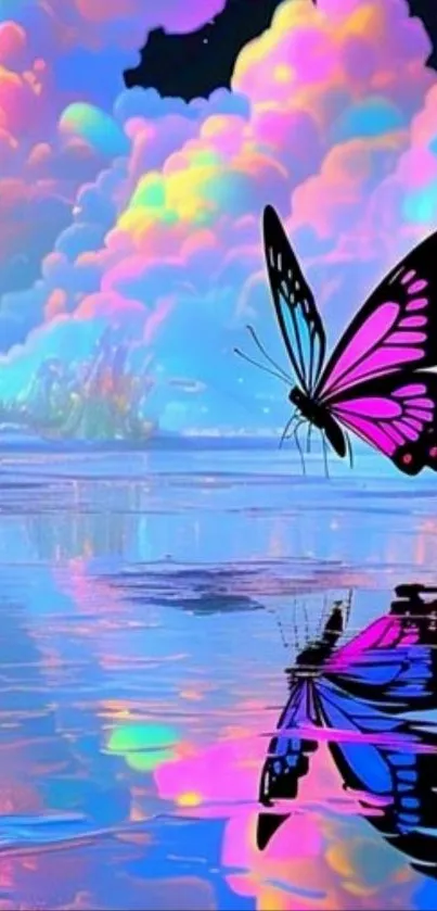 Vibrant butterfly with colorful clouds reflection.