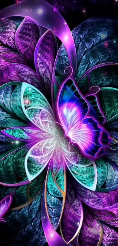 Vibrant purple butterfly on floral fantasy background.