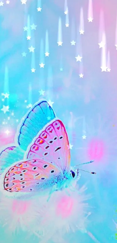 Vibrant butterfly on a pastel background with dreamy fantasy elements.