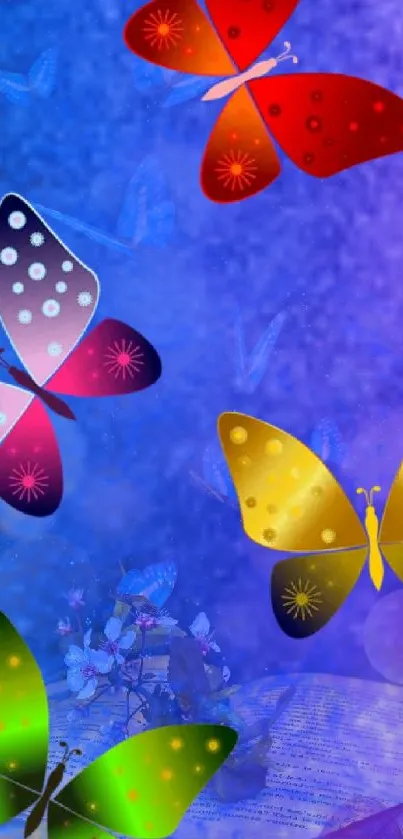 Colorful fantasy butterflies on a purple background.