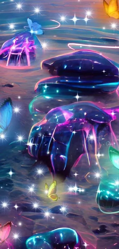 Vibrant fantasy art with glowing butterflies over neon stones on water.