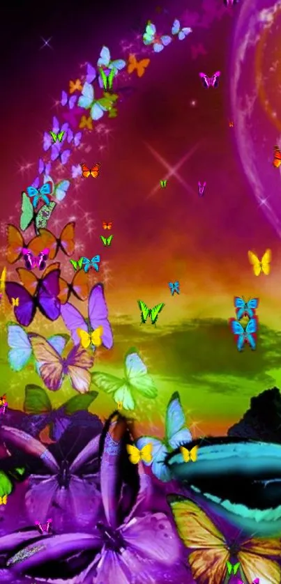 Vibrant wallpaper with colorful butterflies in a cosmic fantasy setting.