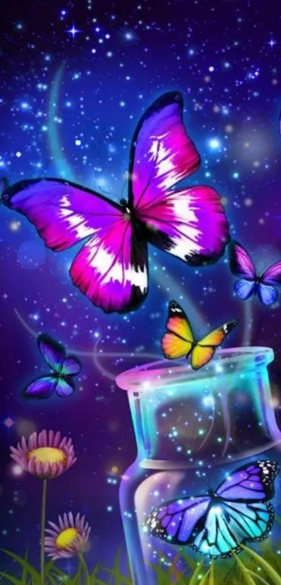 Vibrant butterflies under a starry sky with glowing effects in fantasy art style.