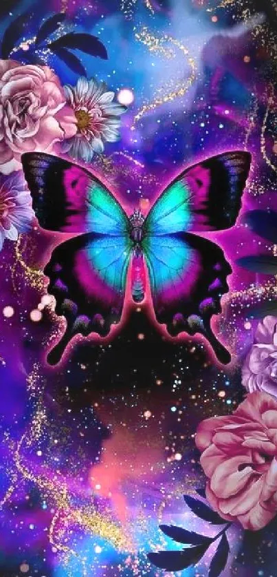 Vibrant butterfly with flowers on a cosmic background wallpaper.