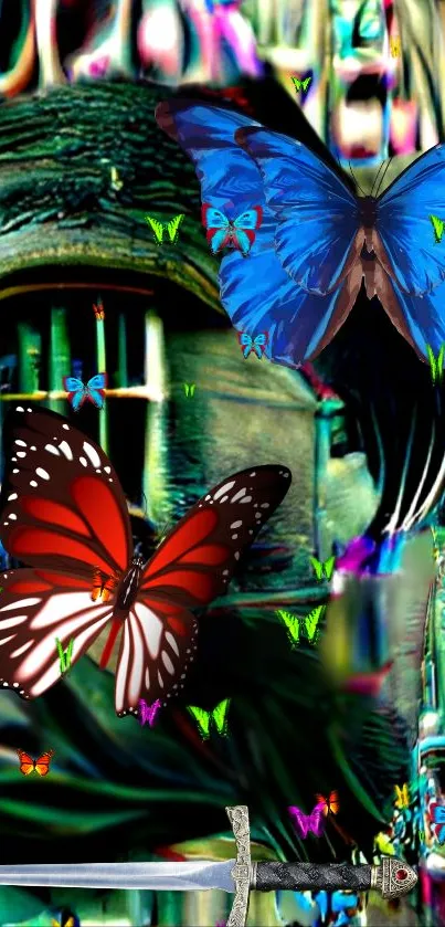 Vibrant fantasy wallpaper with colorful butterflies.