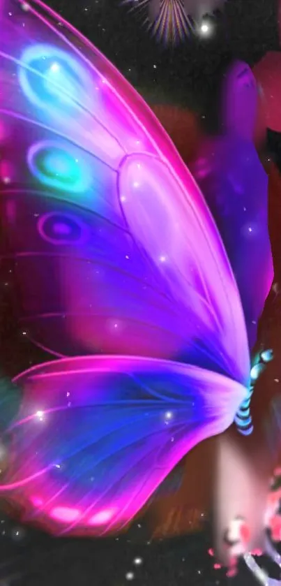 Colorful neon butterfly wallpaper with vibrant purple and blue hues.