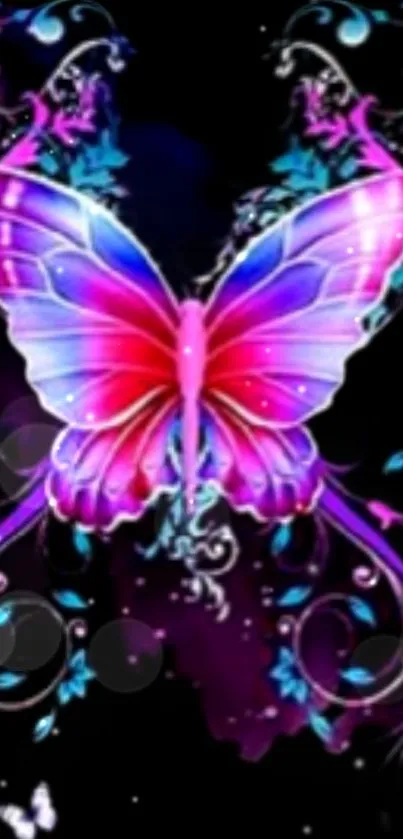 A vibrant magenta butterfly with neon floral design on a dark background.