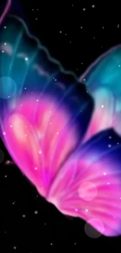 Vibrant pink and blue butterfly on a starry night sky wallpaper.