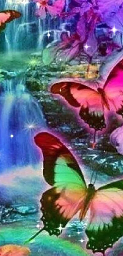 Vibrant butterflies with waterfall in fantasy setting wallpaper.