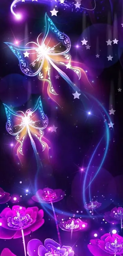 Vibrant fantasy art with luminous butterflies and glowing purple flowers.