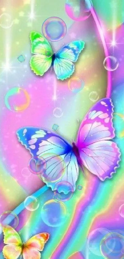 Colorful butterfly fantasy wallpaper with pastel and bubbles.