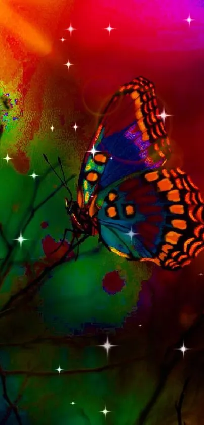 Vibrant fantasy butterfly on colorful background wallpaper.