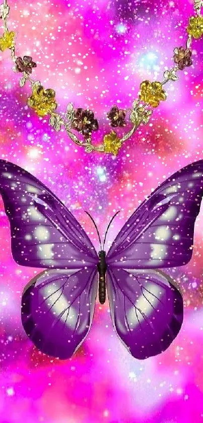 Purple butterfly fantasy wallpaper with floral accents.