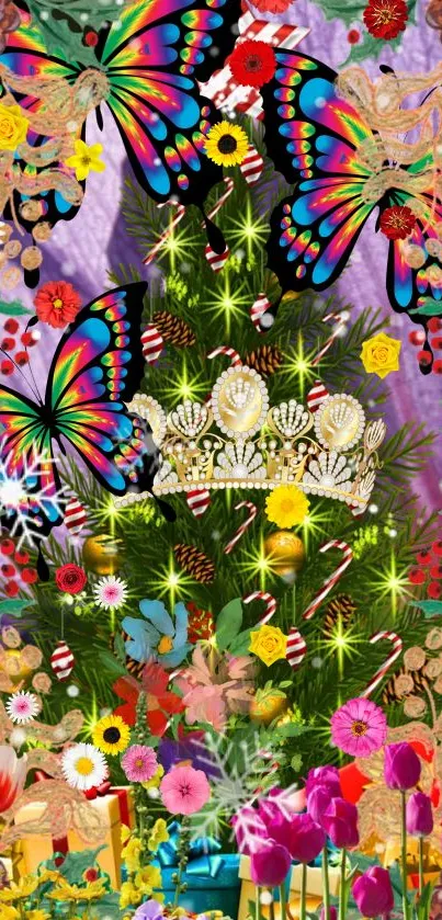 Vibrant fantasy wallpaper with butterflies, flowers, and jeweled crown design.