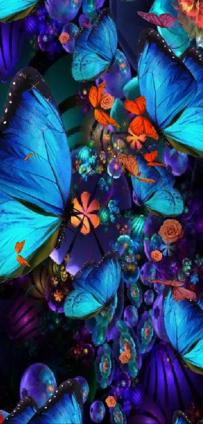 Vibrant blue butterflies with flowers on phone wallpaper.