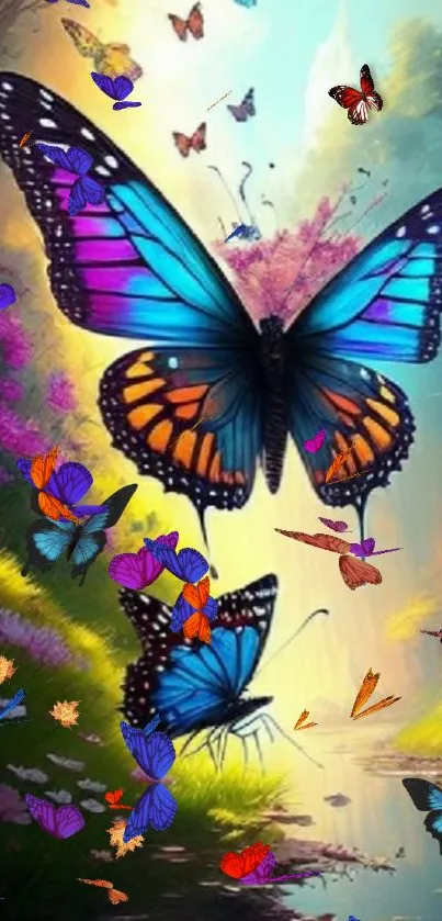 Vibrant butterflies in a colorful fantasy setting on mobile wallpaper.