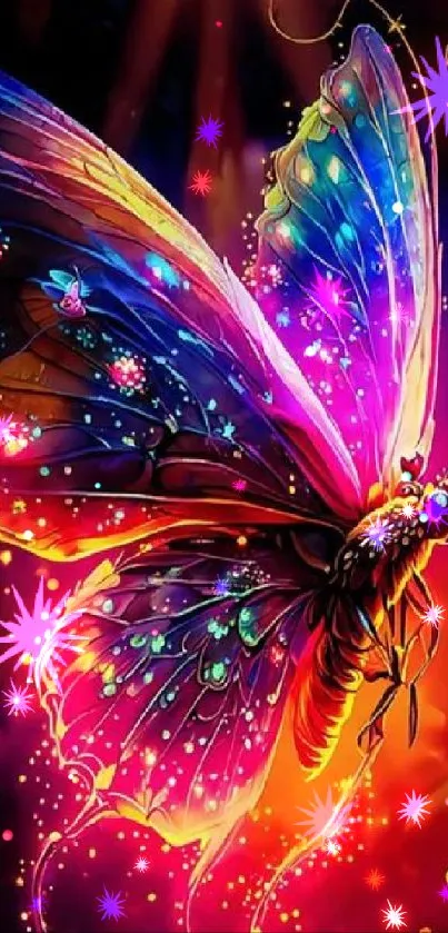 Colorful fantasy butterfly with glowing wings and vibrant background.