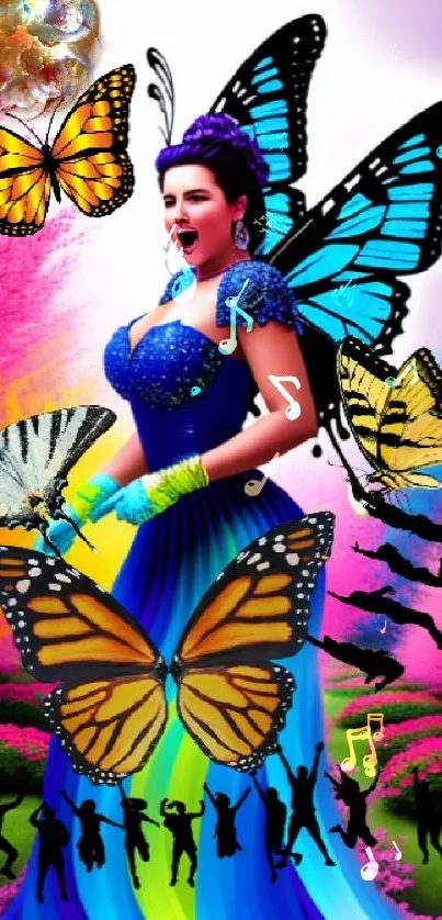 Fantasy art wallpaper with butterflies and a woman in a blue dress.