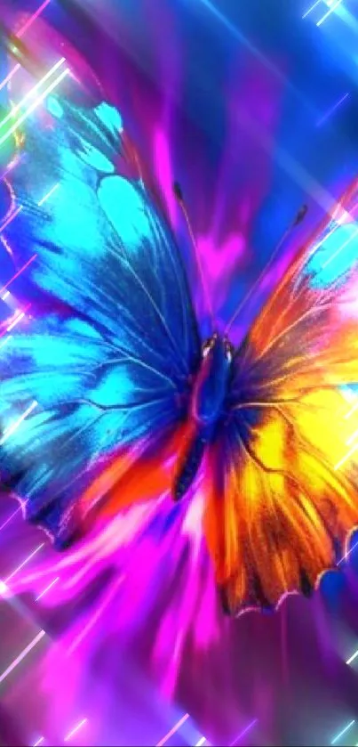 Vibrant butterfly with blue and orange wings on a glowing background.