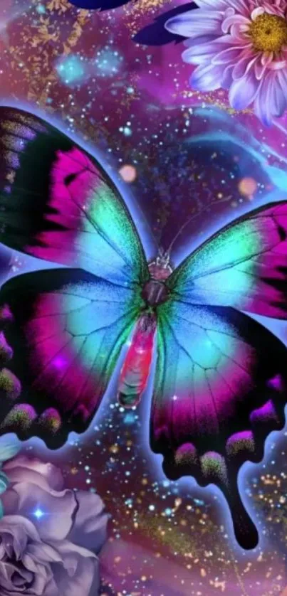 Vibrant butterfly on a floral fantasy background with vivid purple hues.