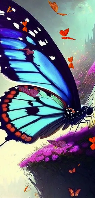 Vibrant blue butterfly with glowing floral background.