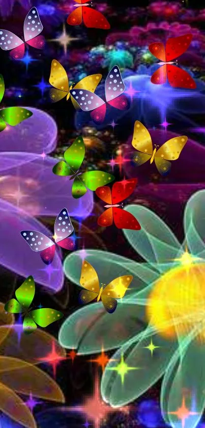 Vibrant mobile wallpaper with colorful butterflies and glowing neon flowers.