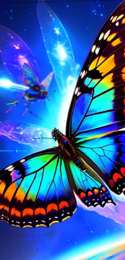 Colorful butterfly fantasy art with a cosmic background on mobile wallpaper.