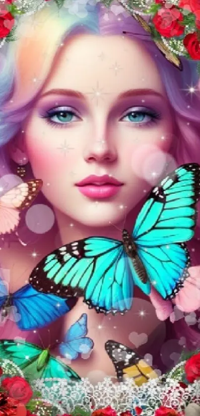 Vibrant fantasy art with butterflies and florals in pink hues.