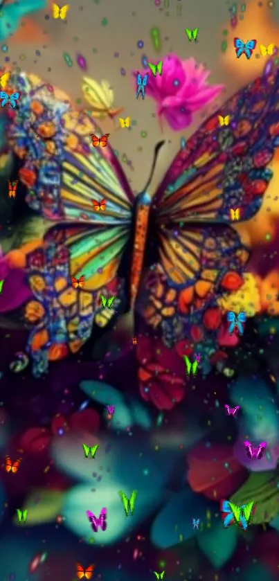 Vibrant fantasy butterfly wallpaper with colorful flowers.