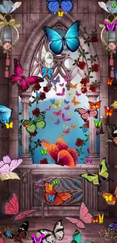 Vibrant wallpaper with colorful butterflies in a fantasy setting.