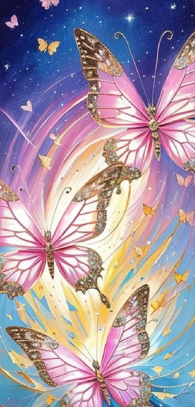 Vibrant butterflies and cosmic night sky artwork on a mobile wallpaper.