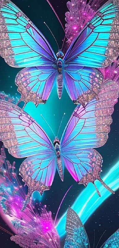 Vibrant butterflies against a cosmic backdrop with neon colors.