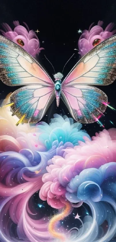 Colorful fantasy butterfly over swirling clouds wallpaper.