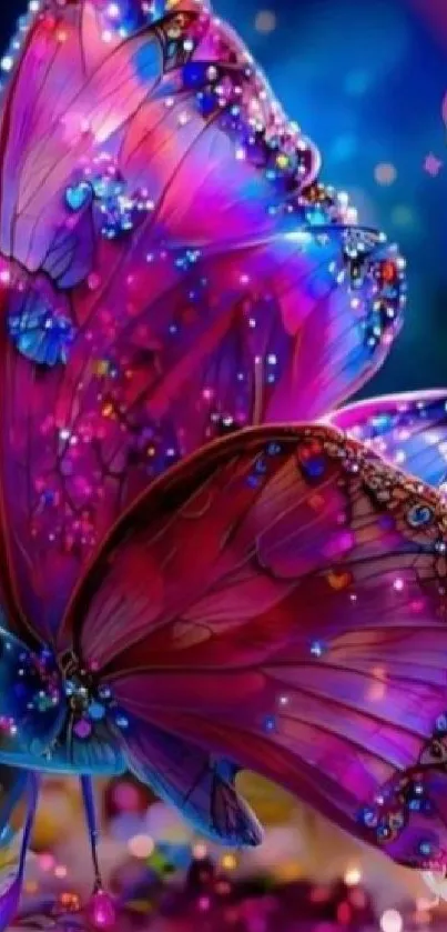 Vibrant purple butterfly on colorful fantasy background.