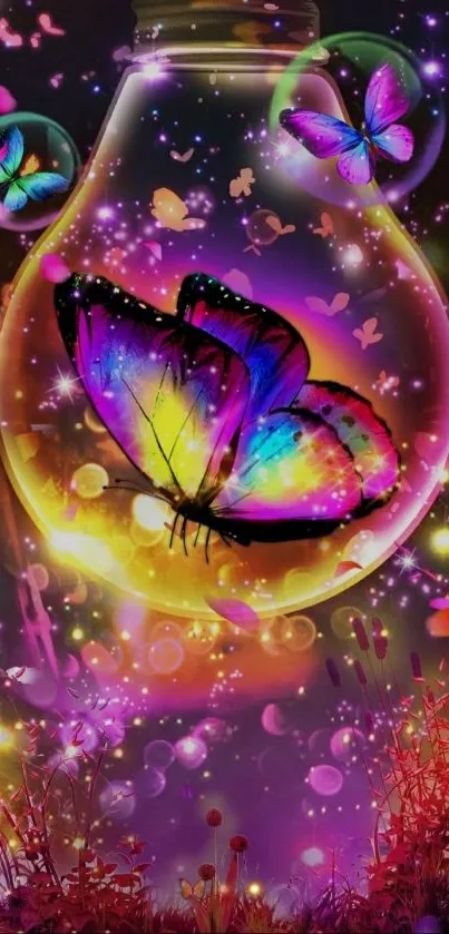 Vibrant wallpaper featuring a magical butterfly enclosed in a glowing globe.