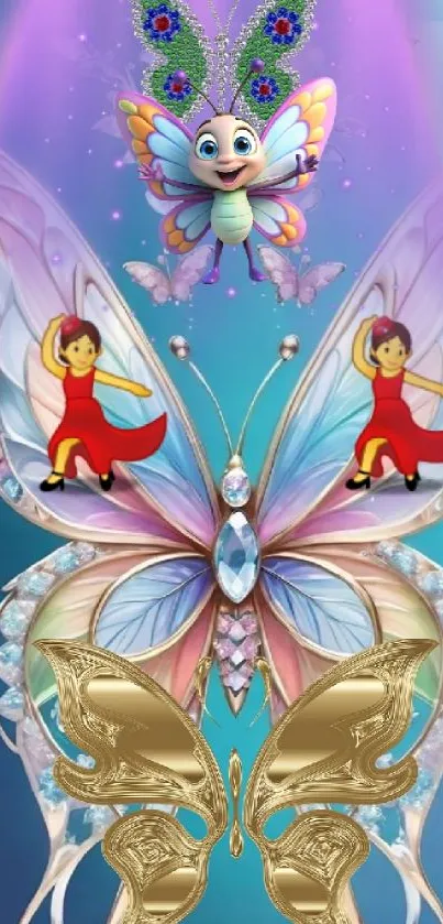 Vibrant butterfly and colorful dancers on a fantasy-themed mobile wallpaper.