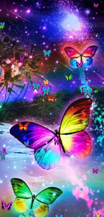 Vibrant butterflies in a cosmic fantasy background.