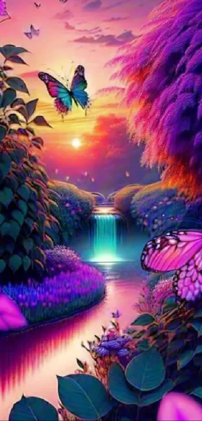 A vibrant fantasy scene with butterflies and colorful foliage.