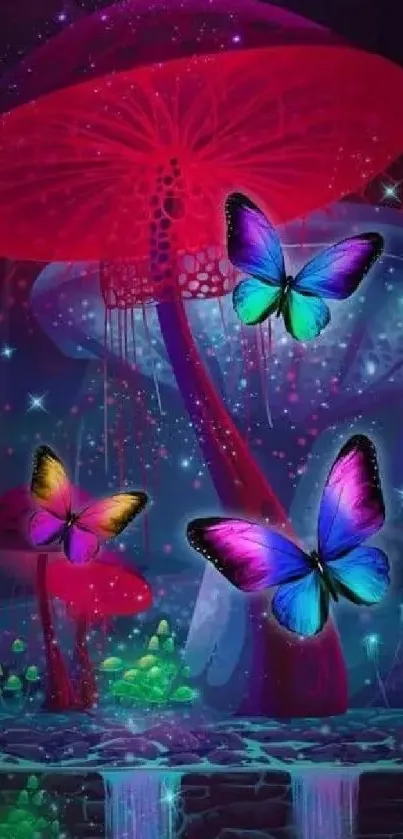 Fantasy wallpaper with colorful butterflies and glowing mushrooms.