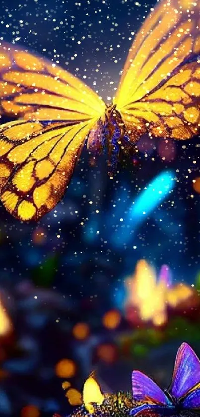 Vibrant fantasy scene featuring a glowing butterfly and illuminated flora.