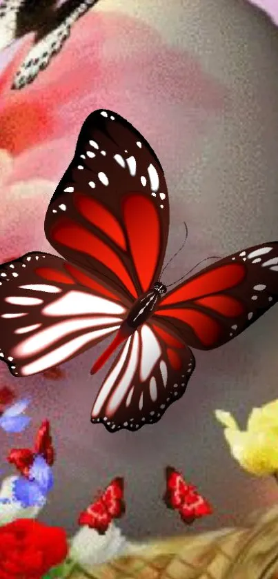 Vibrant red butterfly with flowers, mobile wallpaper.