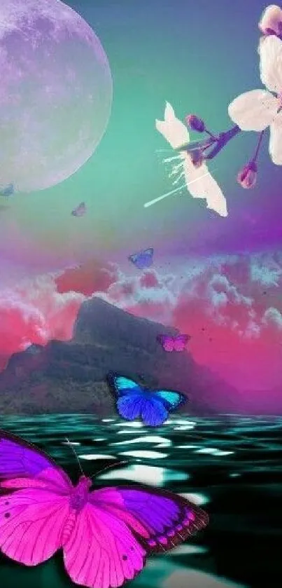 Fantasy sky with butterflies and blossoms in vibrant colors.