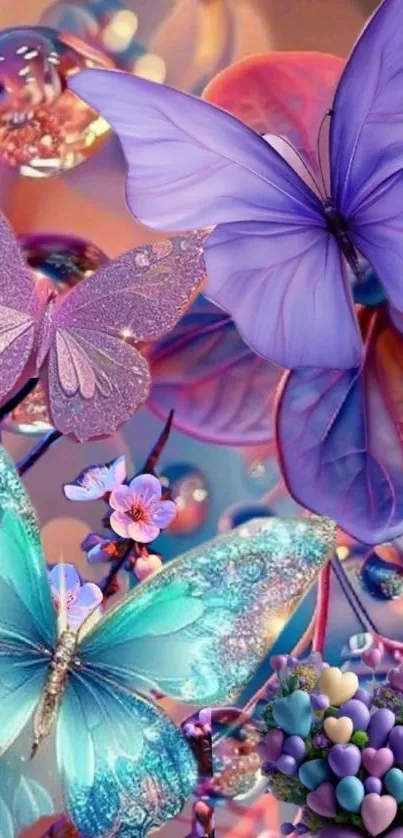 Colorful fantasy wallpaper with butterflies and flowers.