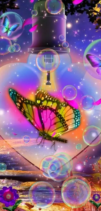 Vibrant butterfly in a heart design with colorful fantasy elements.